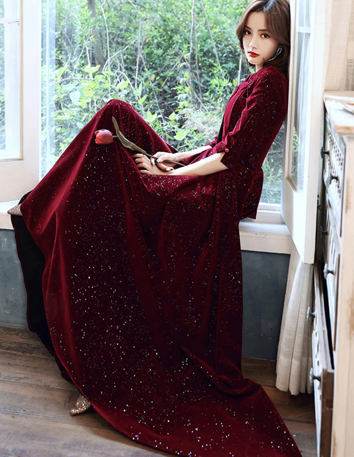 Vestido formal largo de manga corta de terciopelo rojo vino 