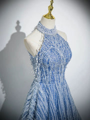 Vestido de fiesta largo con espalda descubierta, corte A, de tul y cuentas, estilo halter 
