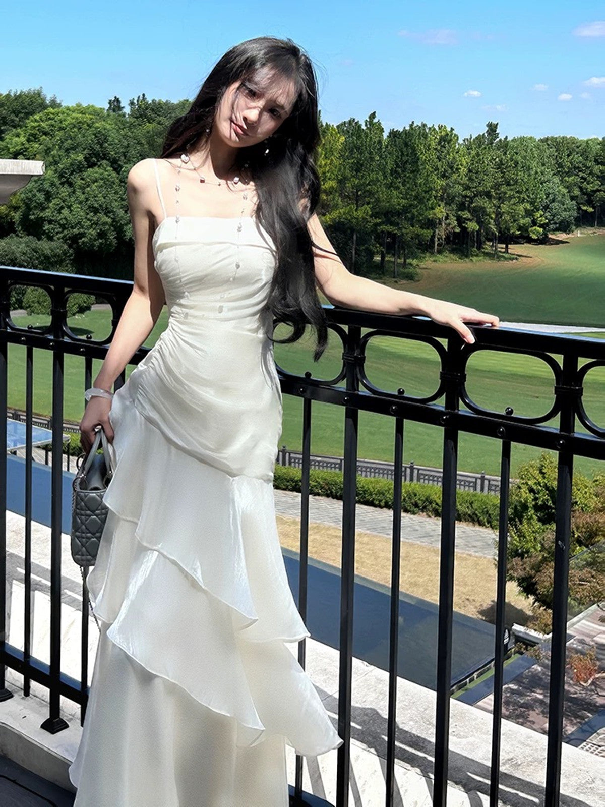 White Mermaid Straps Layers Satin Party Dress