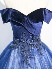 Blue Tulle with Lace Off Shoulder Party Dress