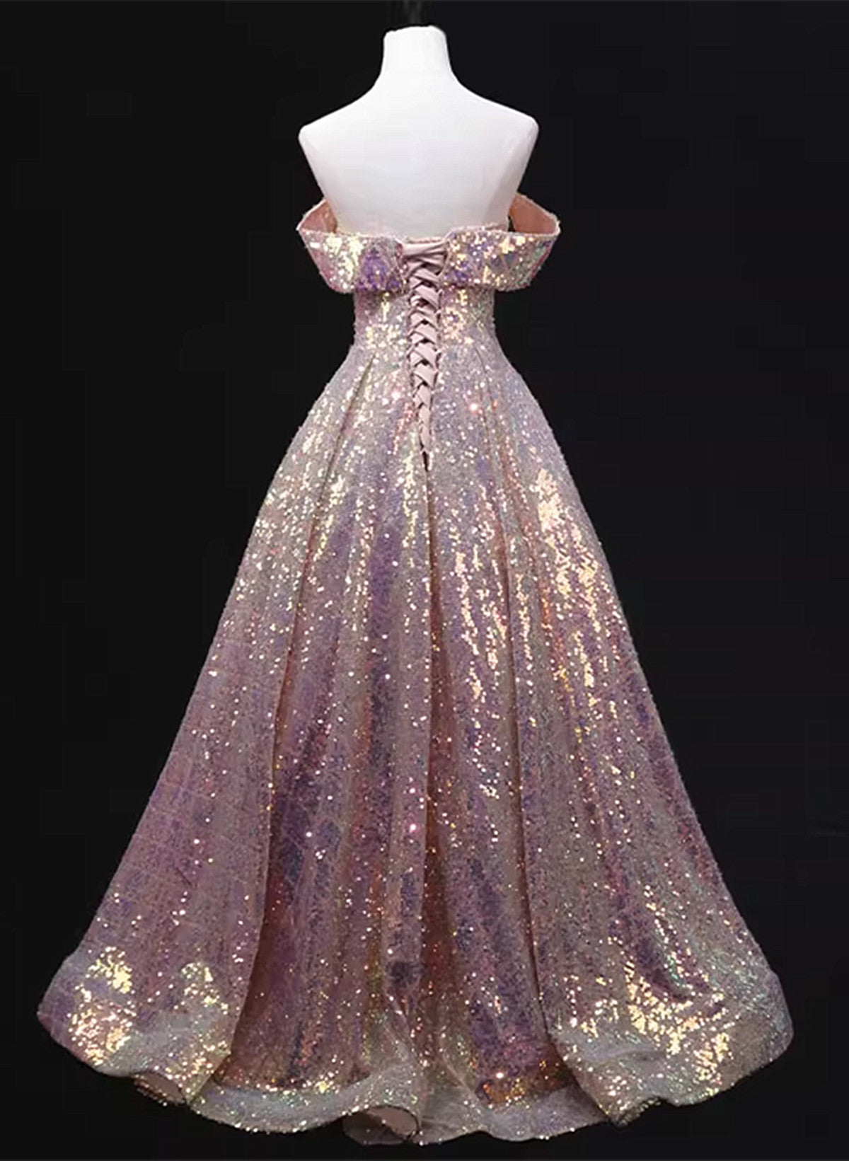 Pink Sequins Off Shoulder A-line Long Prom Dress