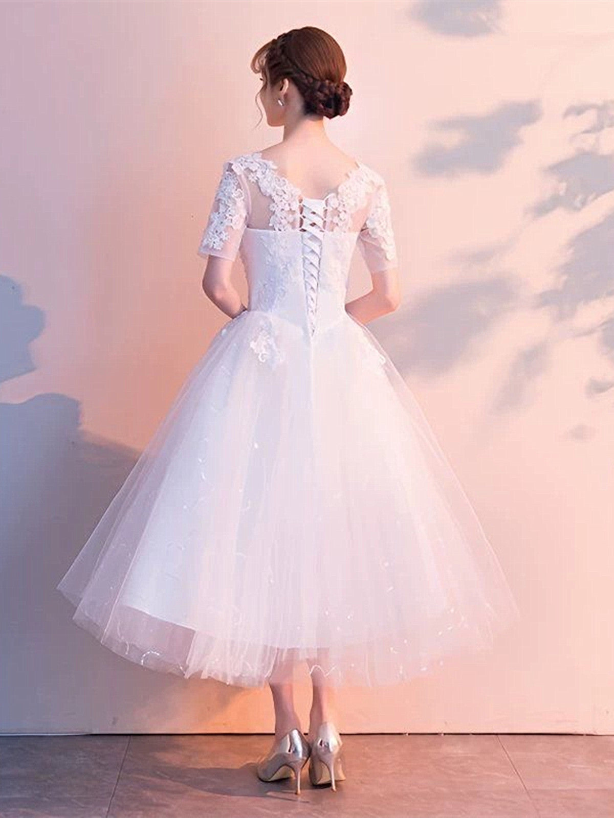 White Tulle Short Sleeves Tea Length Wedding Party Dress