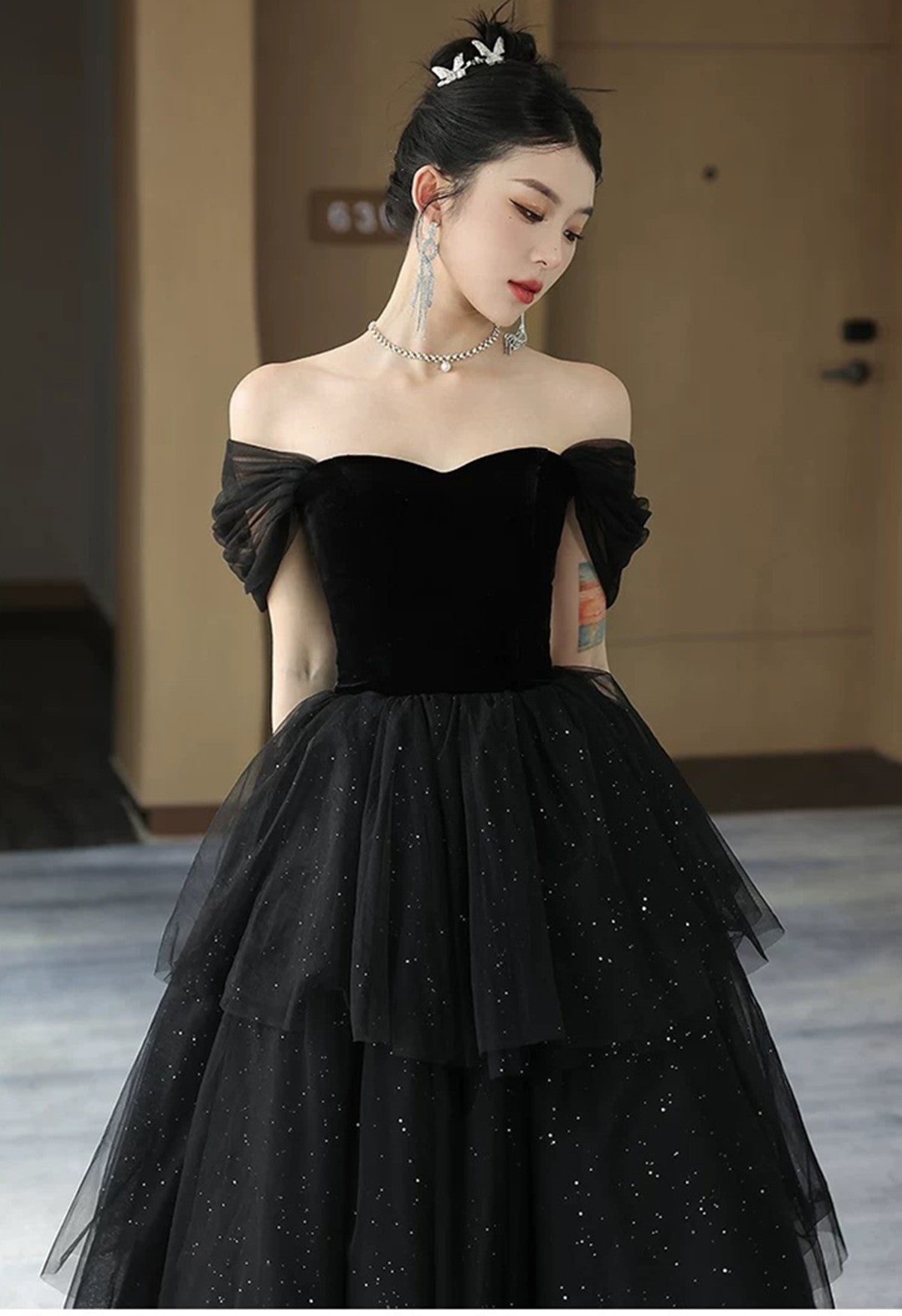 A-line Black Tulle and Velvet Layers Long Party Dress