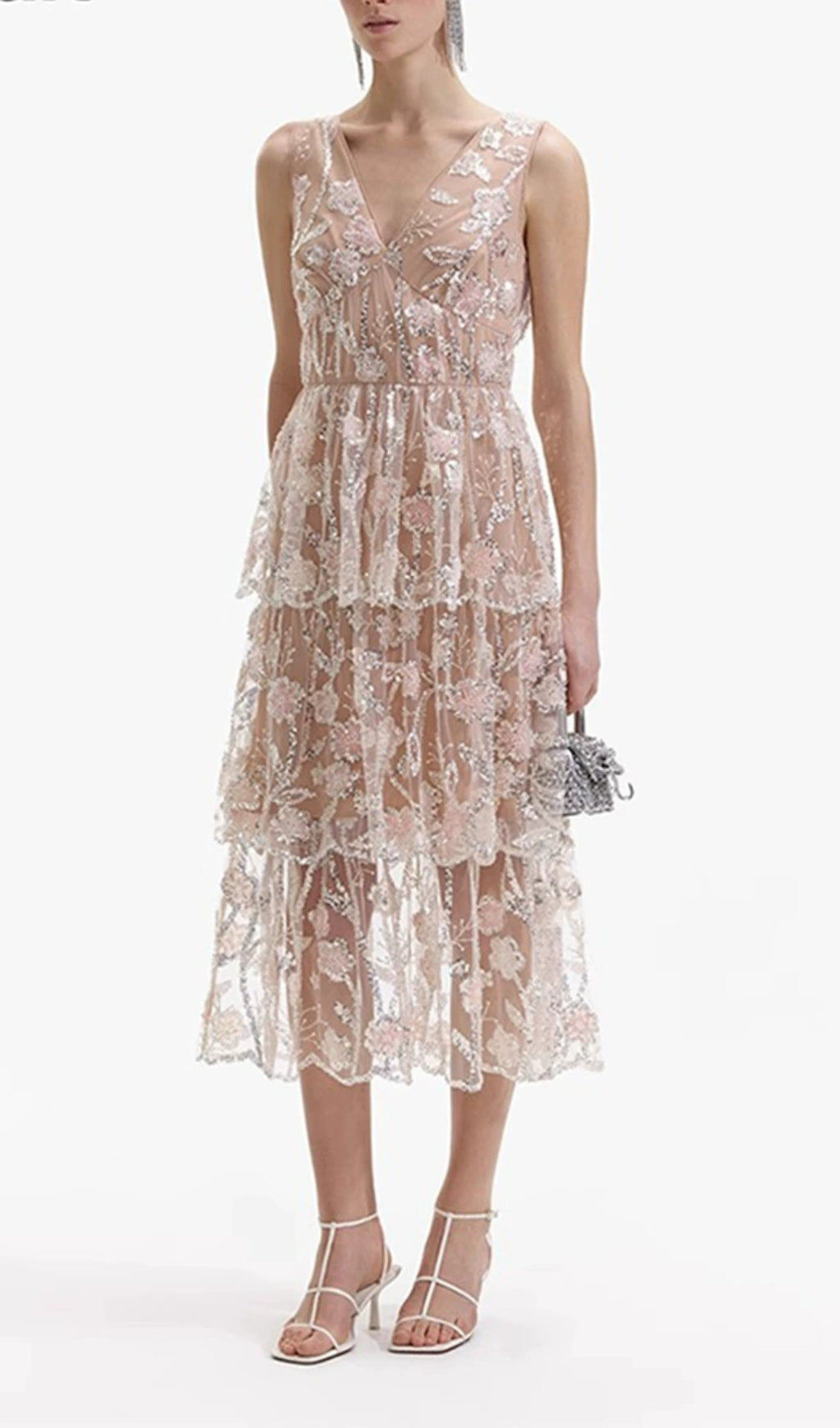 Eartha V-Neck Embroidered Sequin Midi Dress