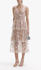 Eartha V-Neck Embroidered Sequin Midi Dress