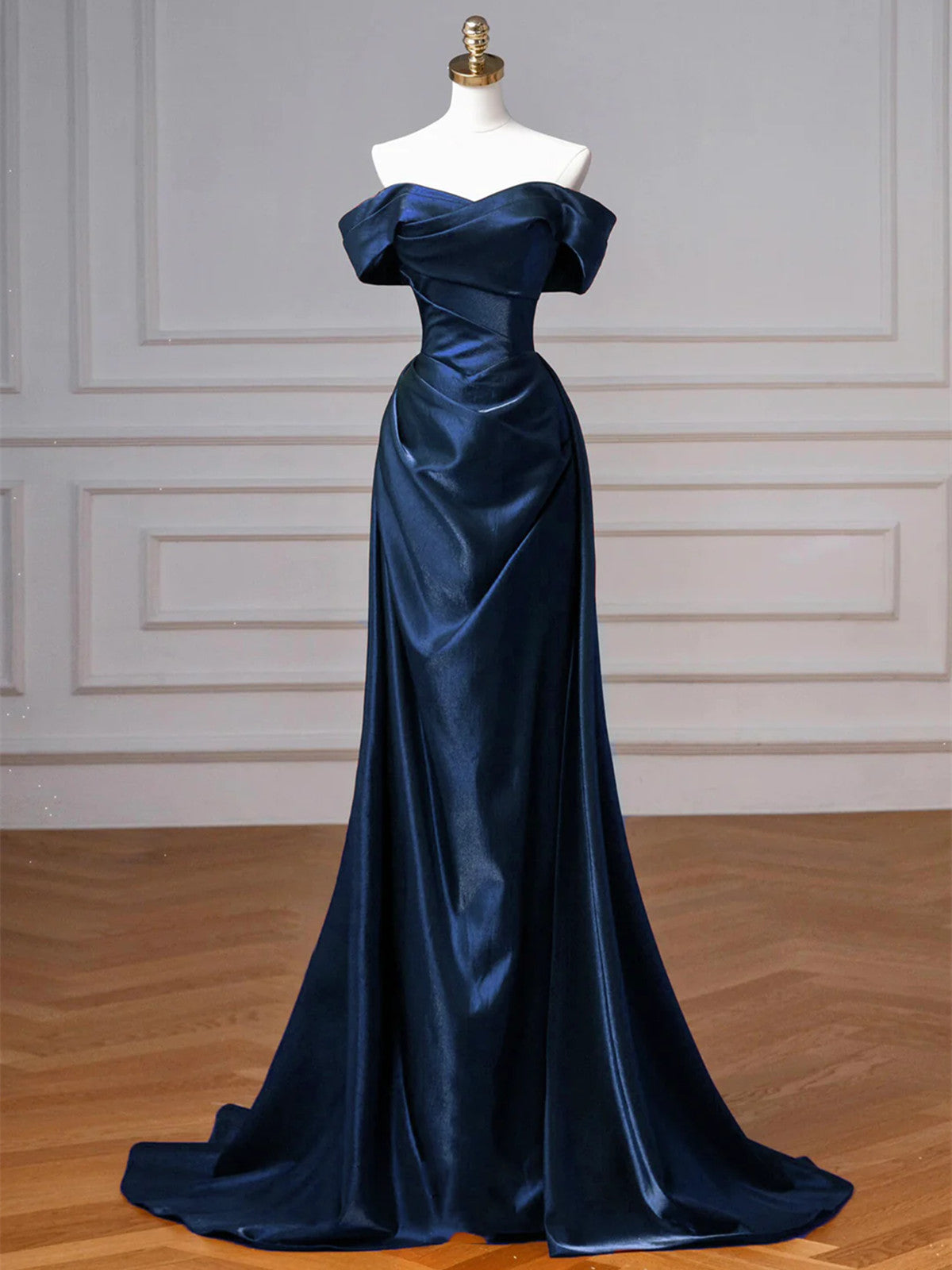 A-line Navy Blue Satin Off Shoulder Prom Dress