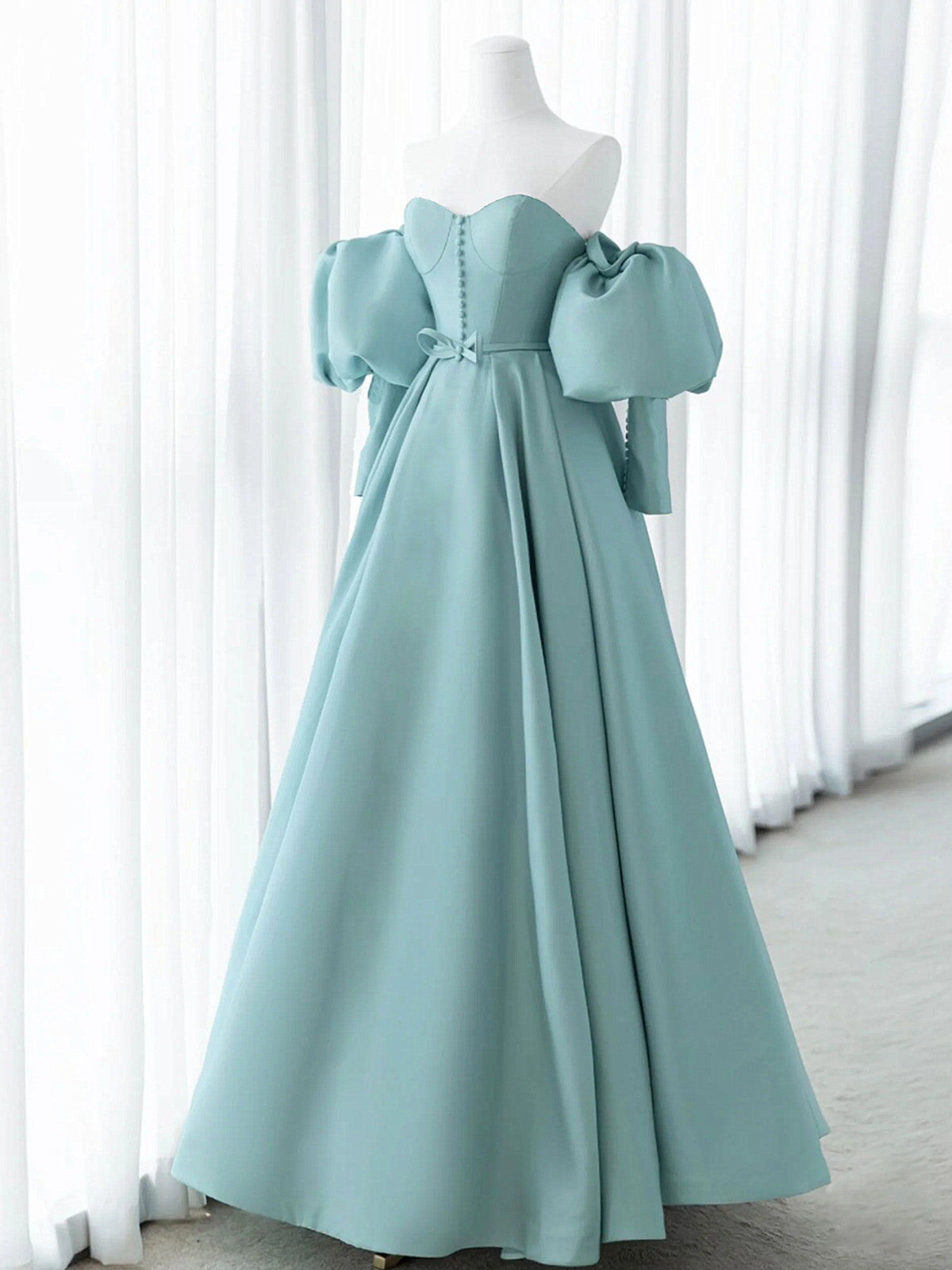 A-line Sweetheart Blue Puffy Sleeves Long Formal Dress – Haibob