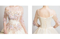 Vestido largo de fiesta para dulces 16 en color champán 