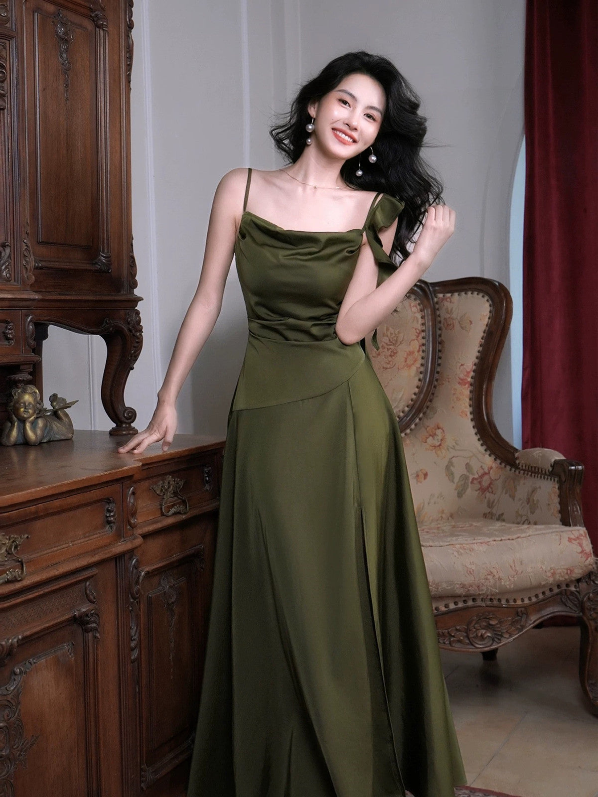 A-line Green Soft Satin Simple Style Prom Dress
