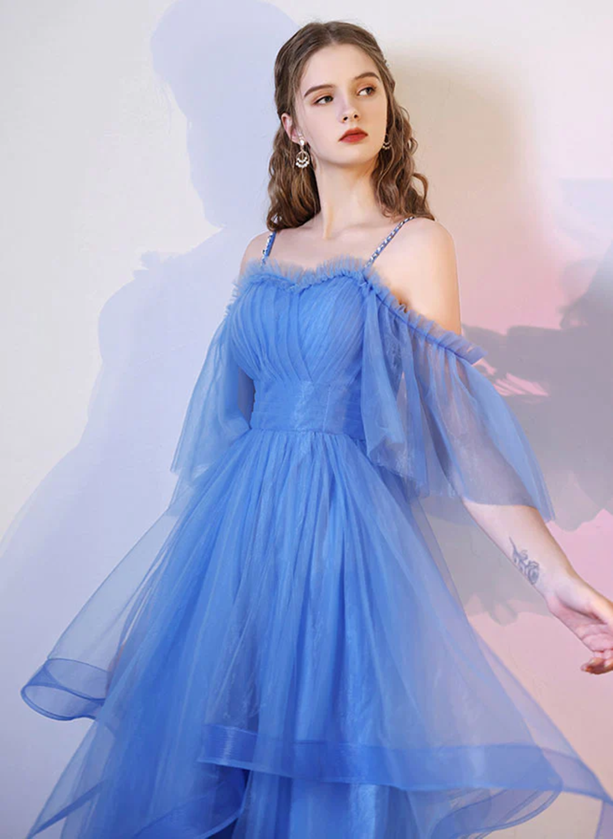 Blue Tulle Straps Beaded Layers Tea Length Party Dress