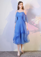 Blue Tulle Straps Beaded Layers Tea Length Party Dress
