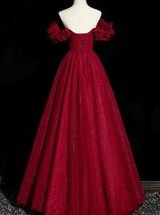 Vestido de fiesta de tul rojo vino con mangas cortas y cuentas 