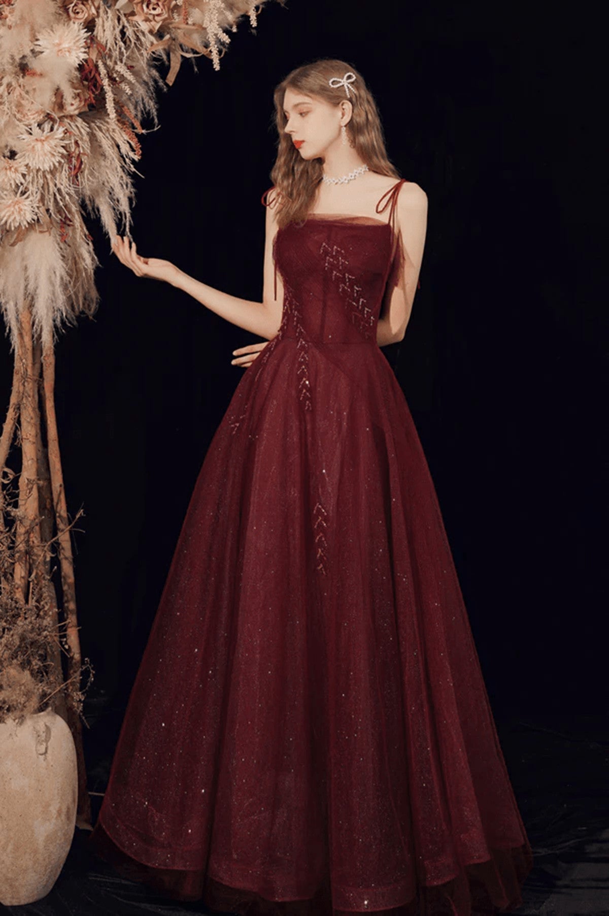 Wine Red Straps Tulle Beaded Long Prom Dress