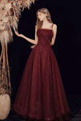 Wine Red Straps Tulle Beaded Long Prom Dress