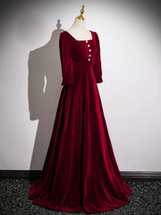 Vestido de fiesta rojo vino con mangas largas y corte A hasta el suelo 