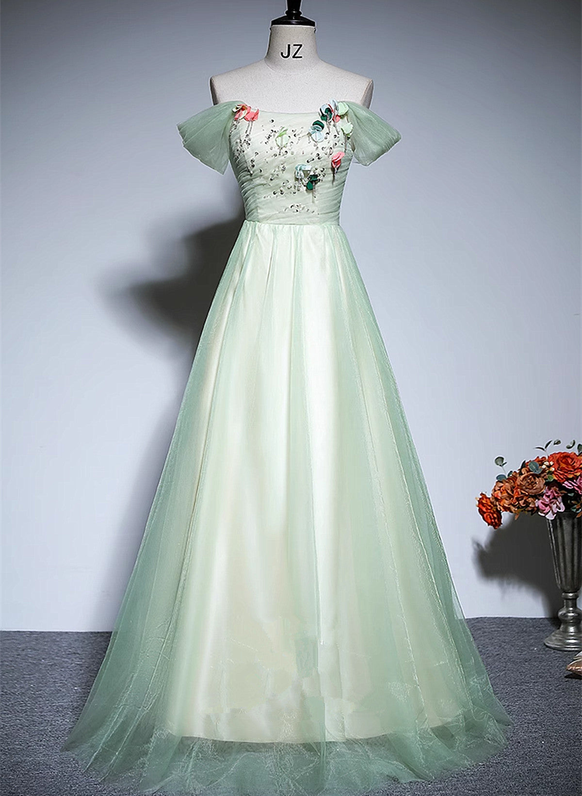 Light Green Tulle Off Shoulder A-line Prom Dress