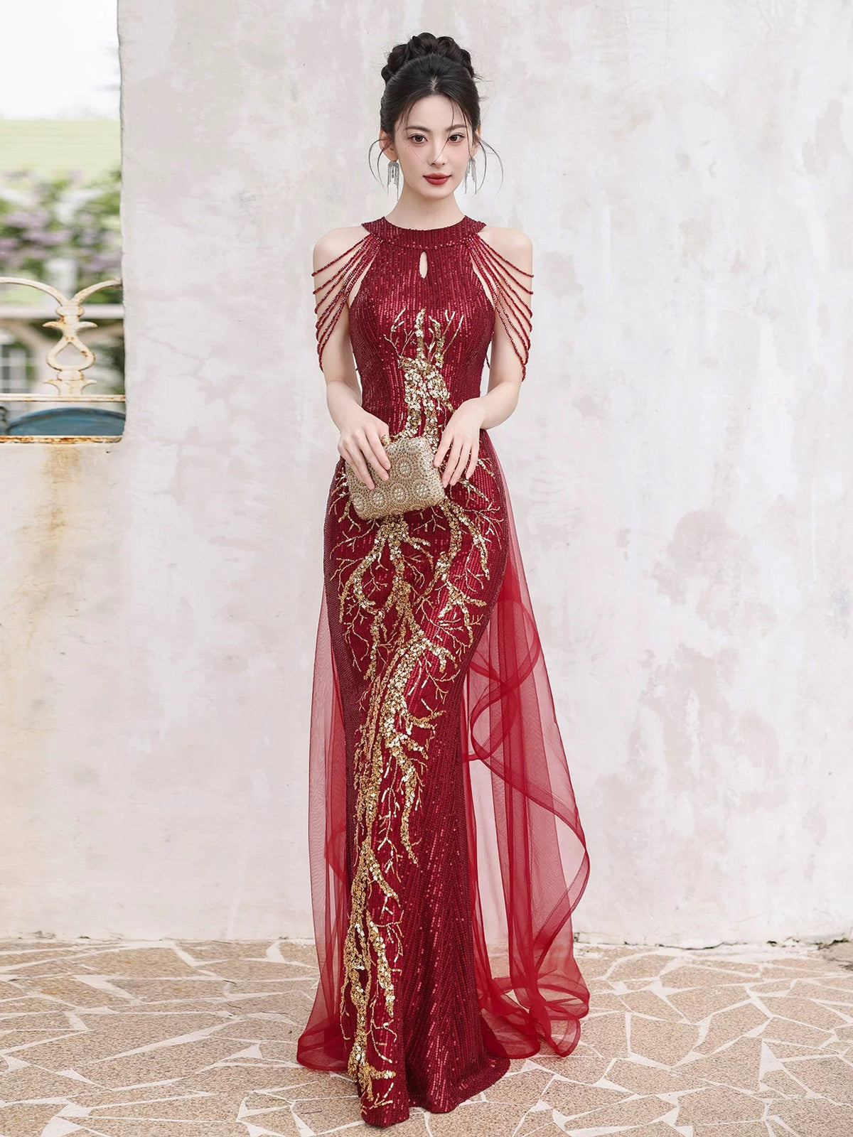 Wine Red Sequins Mermaid Long Party Dress with Lace