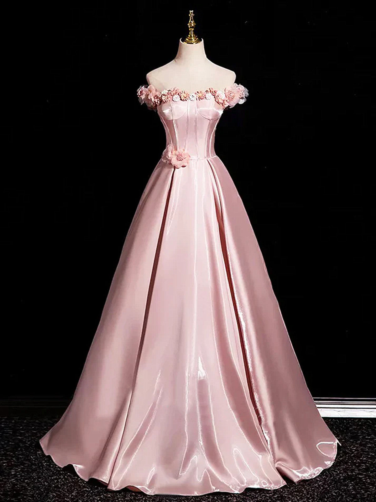 Pink Satin Off Shoulder Flowers Long Prom Dress