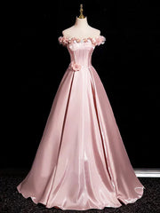 Pink Satin Off Shoulder Flowers Long Prom Dress