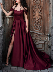 Wine Red Satin A-line Long Wedding Party Dress