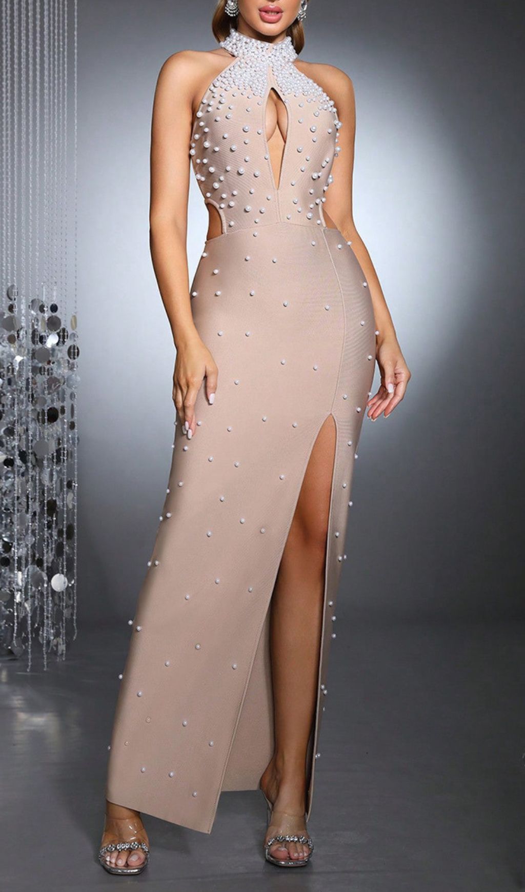 Haidera Pearl Beaded Halter Neck Bandage Maxi Gown with Thigh Slit
