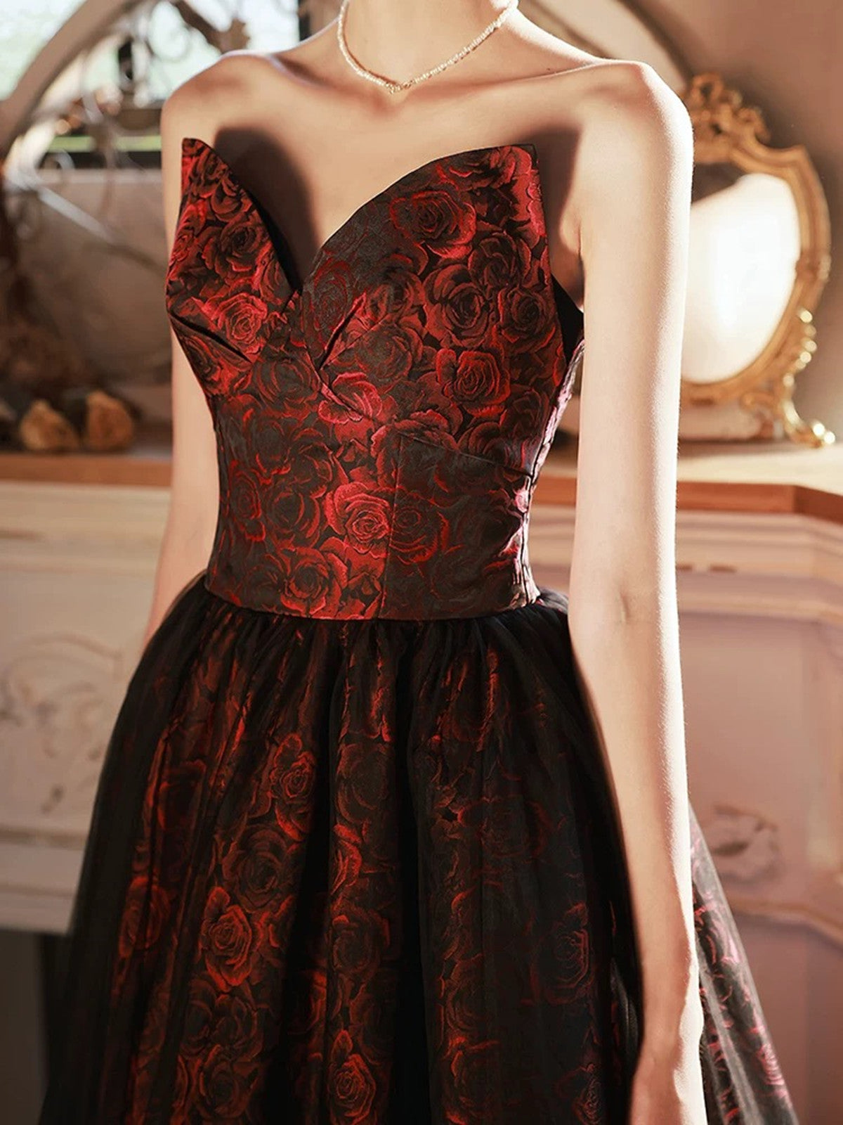 A-line V-neckline Floral Satin Black and Red Party Dress
