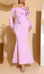 Elegant Lavender Off-Shoulder 3D Floral Mermaid Gown