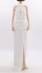 Jezel White 3D Floral Halter Maxi Dress