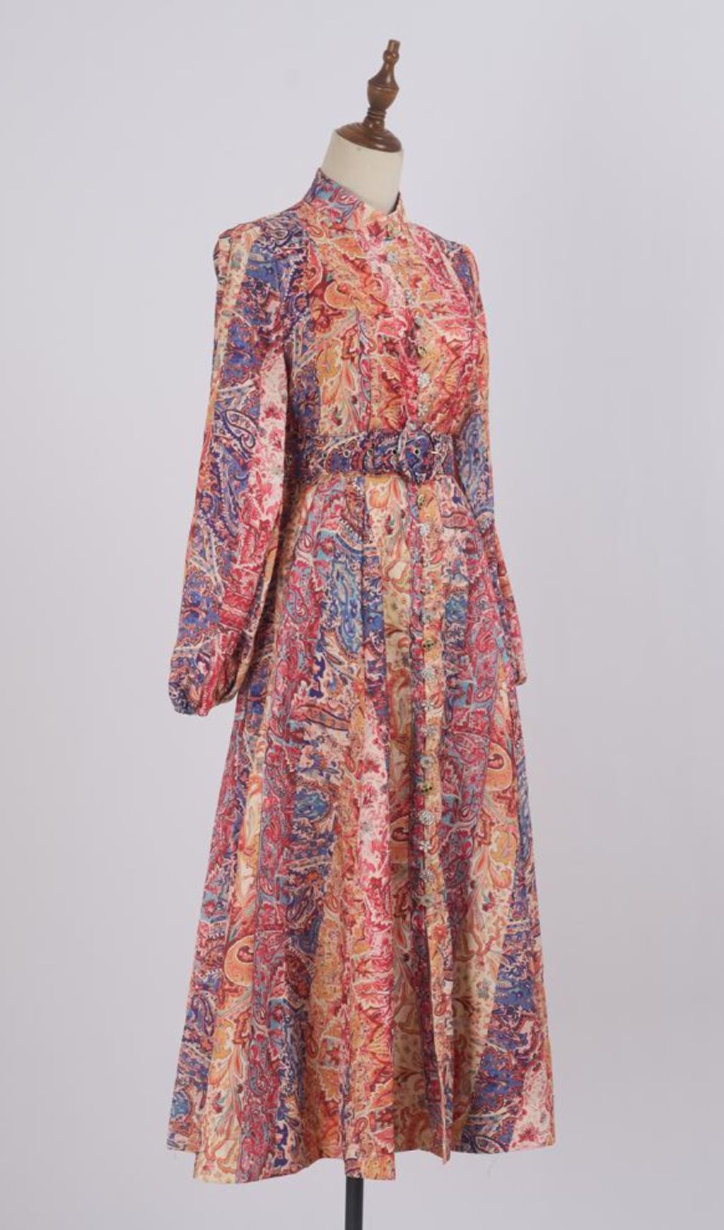 Glynis Vibrant Paisley Long Sleeve Midi Dress with Belt