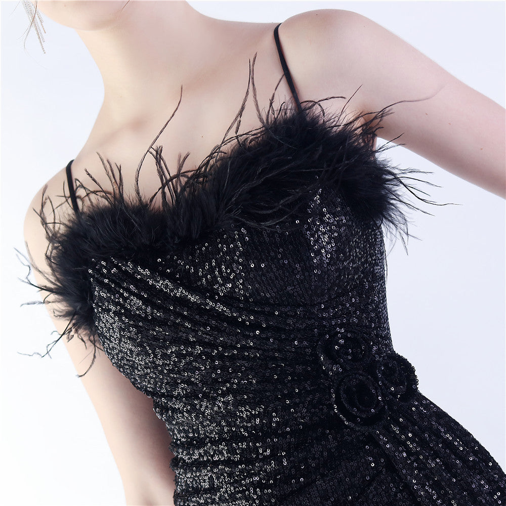 Chroma Black Sequin Feather High-Slit Maxi Dress