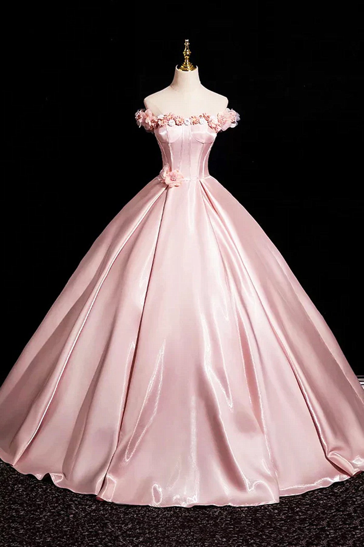 Pink Satin Off Shoulder Flowers Long Prom Dress