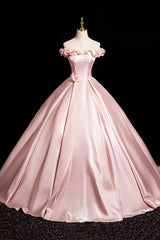 Pink Satin Off Shoulder Flowers Long Prom Dress