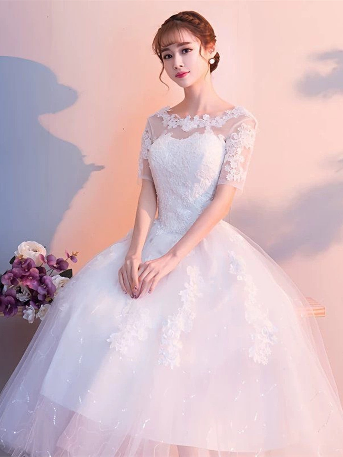 White Tulle Short Sleeves Tea Length Wedding Party Dress