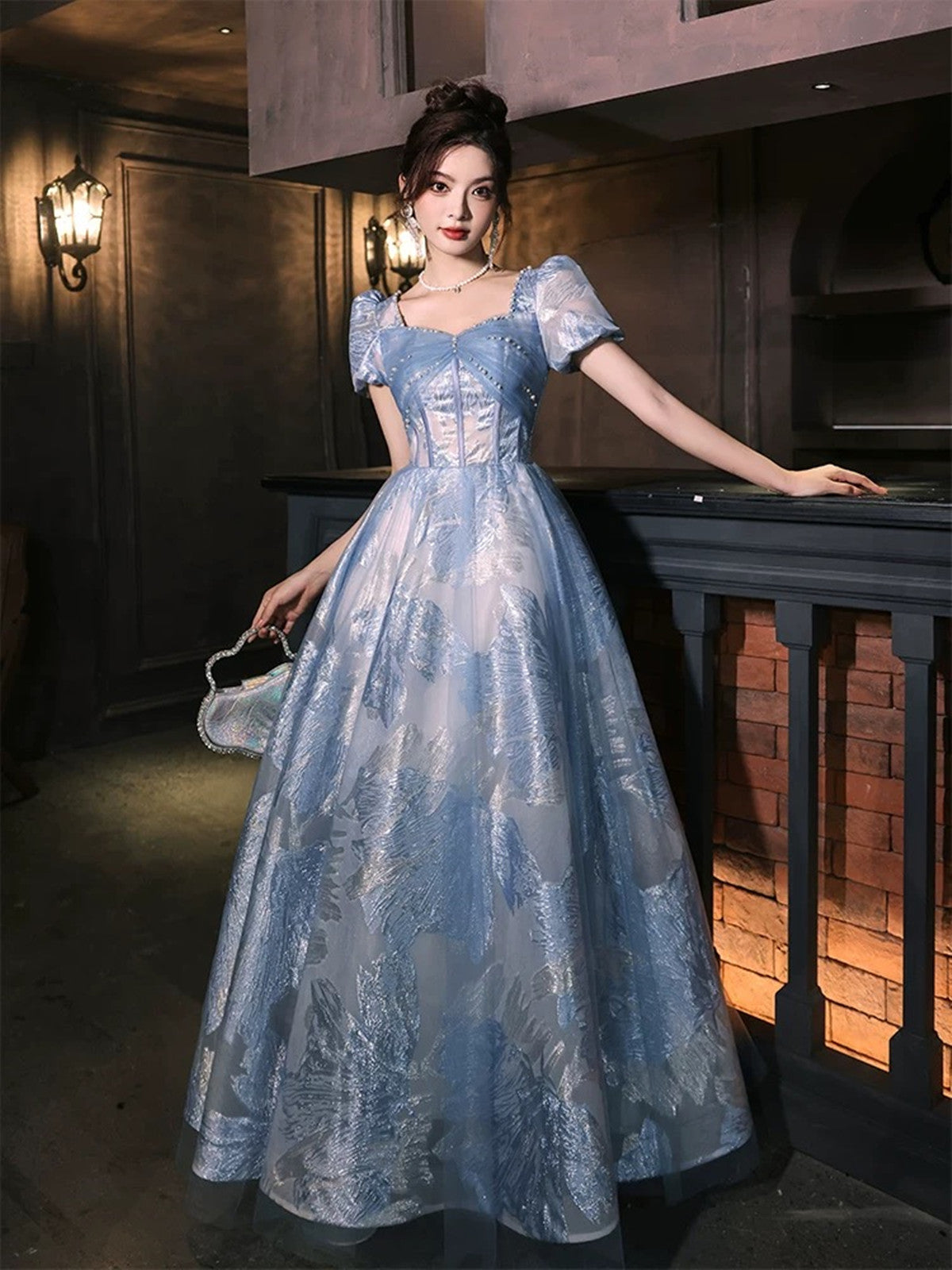 Blue A-line Short Sleeves Party Dress Prom Dress