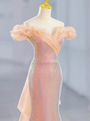 Precioso vestido de fiesta de sirena con lentejuelas y hombros descubiertos 