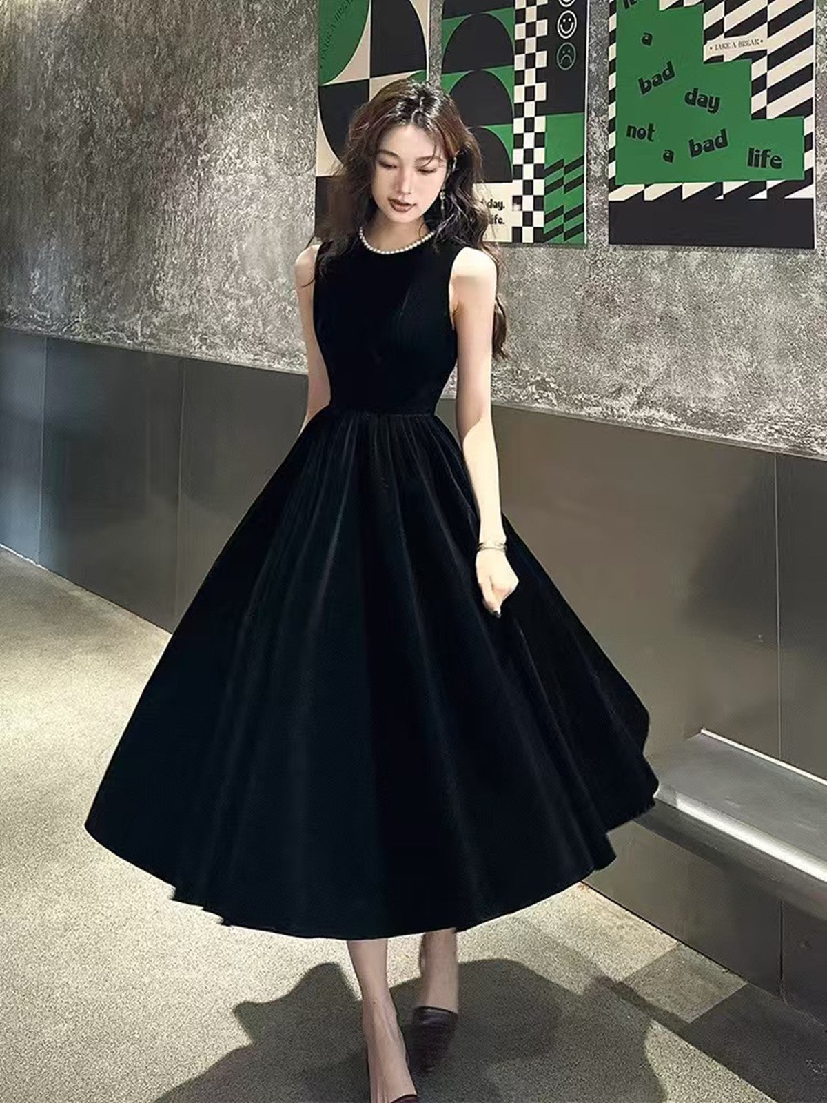 A-line Black Velvet Tea Length Round Neckline Party Dress