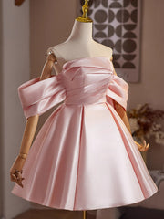 A-line Pink Satin Short Sleeves Homecoming Dress