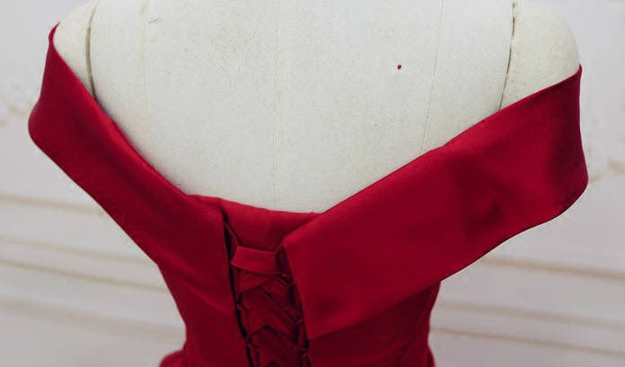 Red Satin Off Shoulder Handmade Long Formal Dress