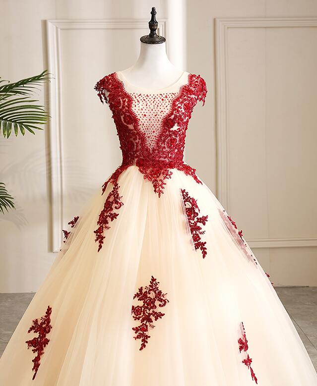 Gorgeous Champagne Tulle Long Sweet 16 Dress with Red Lace