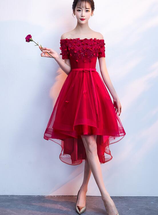 Dark Red High Low Flowers Homecoming Dress