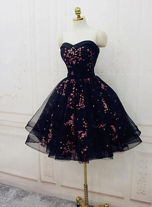 Simple Short Black Tulle Party Dress with Floral