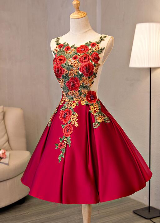 Beautiful Red Lace Applique Flower Homecoming Dress
