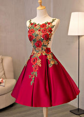 Beautiful Red Lace Applique Flower Homecoming Dress