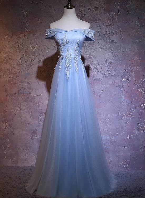 Charming Blue Elegant Tulle Party Dress with Lace Applique