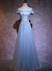 Charming Blue Elegant Tulle Party Dress with Lace Applique