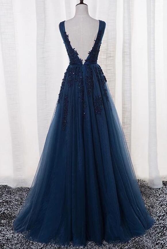 Vestido de dama de honor largo azul de corte A 