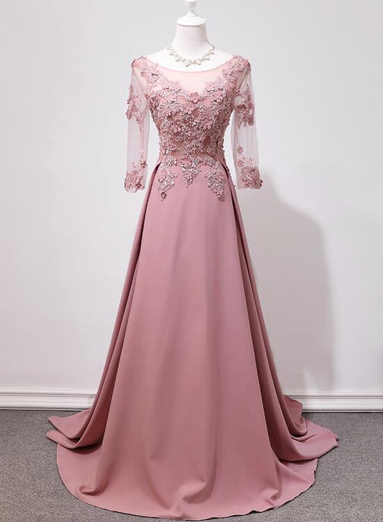 Elegante vestido de fiesta largo con apliques de encaje y mangas largas en color rosa 