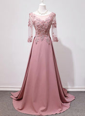 Elegante vestido de fiesta largo con apliques de encaje y mangas largas en color rosa 