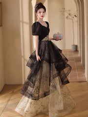 Vestido de fiesta largo de tul con mangas cortas y corte en A, color negro 