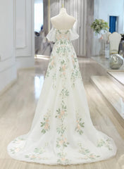 Vestido de fiesta de boda de tul color marfil con encaje floral y corte A 
